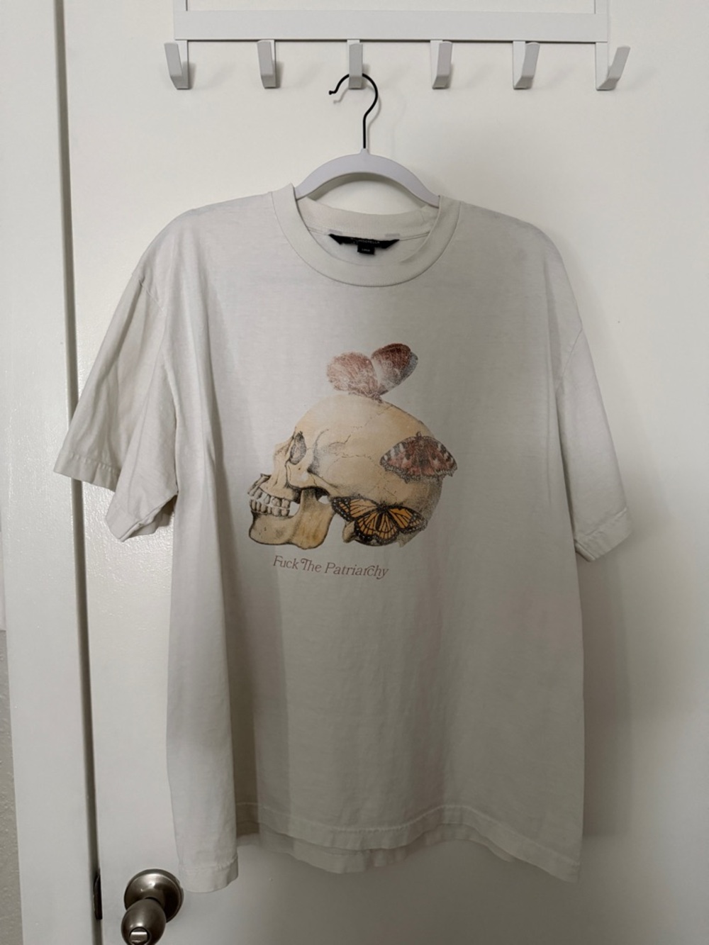 F*ck the Patriarchy White Tee with Skull and Butterfly Graphic